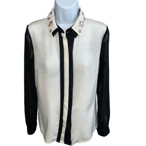 Cream & Black Beaded Collar Sheer Button Down Shirt